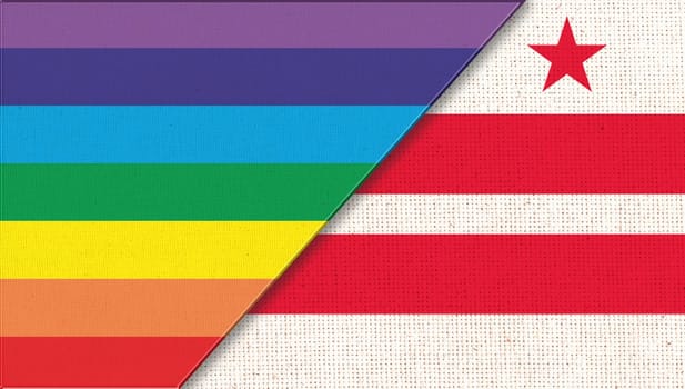 Flags of Washington, D.C. and lgbt. sexual concept. Double flag 3d illustration. Flags of Columbia and and flag of sexual minorities. Two flags on fabric surface. Symbol of sexual minorities