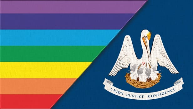 Flags of Louisiana and lgbt. sexual concept. Double flag 3d illustration. Flag symbol Louisiana. Flags of Louisiana and and flag of sexual minorities. Two flags on fabric surface. Symbol of sexual minorities