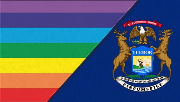 Flags of Michigan and lgbt. sexual concept. Double flag 3d illustration. Flag symbol Michigan. Flags of Michigan and sexual minorities. Two flags on surface. Symbol of sexual minorities