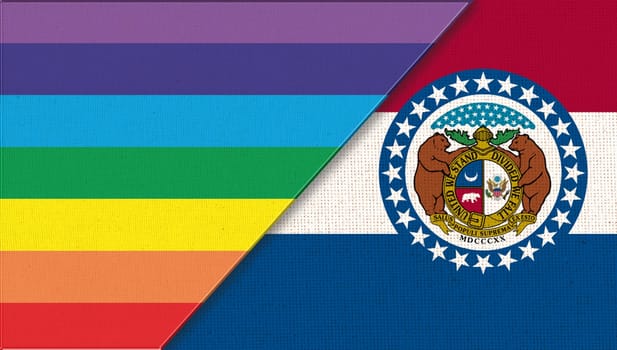 Flags of Missouri and lgbt. sexual concept. Double flag 3d illustration. Flag symbol Missouri. Flags of Missouri and sexual minorities. Two flags on surface. Symbol of sexual minorities