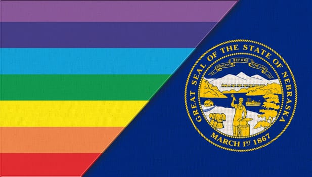 Flags of Nebraska and lgbt. sexual concept. Double flag 3d illustration. Flag symbol Nebraska. Flags of Nebraska and sexual minorities. Two flags on surface. Symbol of sexual minorities. Nebraska sign