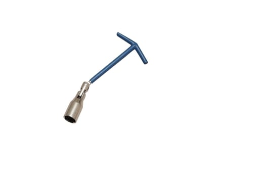 Spark plug wrench with blue handle on white background