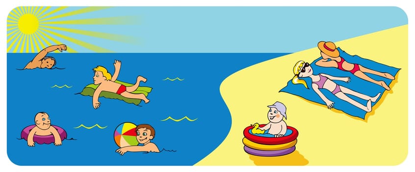 Children relaxing on a beach, swimming and playing, vector illustration