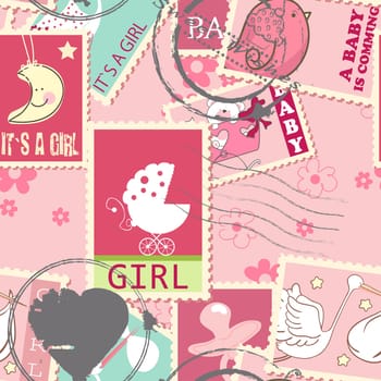 Seamless pattern with Baby Girl celebration postage stamps