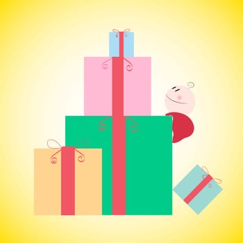 Illustration of a baby boy climbing the gift pile