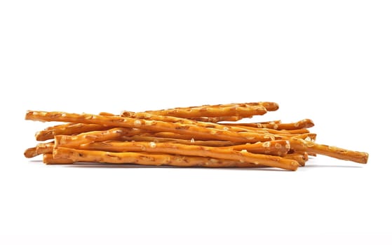 Pretzel sticks as a snack on a white background