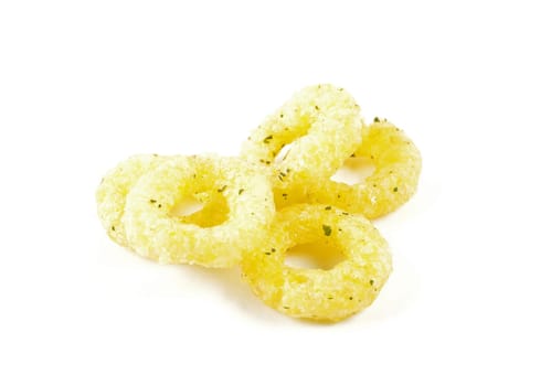 Onion rings as a snack on a white background