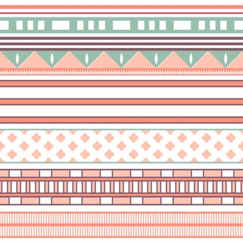 Tribal ethnic seamless stripe pattern. Vector illustration for your cute feminine romantic design. Aztec sign on white background. Pink, red and blue colors. Borders and frames.