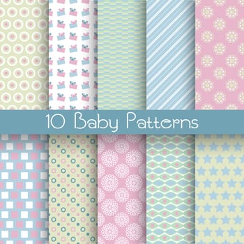 10 Baby pastel different vector seamless patterns (tiling). Endless texture can be used for wallpaper, pattern fills, web page background, surface textures. Set of monochrome geometric ornaments.