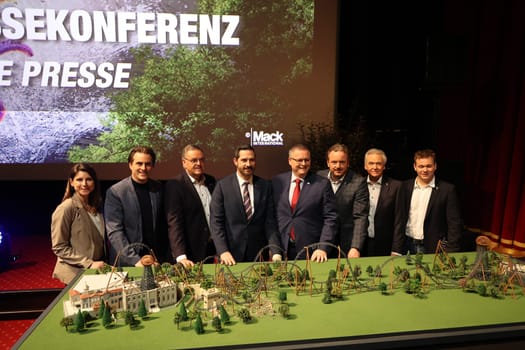 Representatives from Croatia and the operating family Mack from Europapark present the model of the new coaster,which is to be handed over to a destination in 2024 - Europapark Rust at the press conference for the season opening 2023