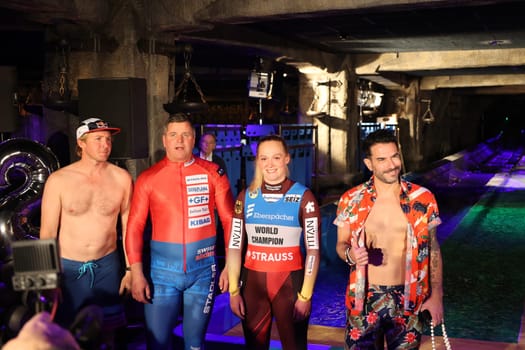 Andrew Cotton (Big Wave Surfer),Olympic bobsleigh champion Beat Hefti (Switzerland),luger Anna Berreiter (Berchtesgaden),Marc Terenzi (pop singer) at Europapark Rust at the press conference for the season opening 2023