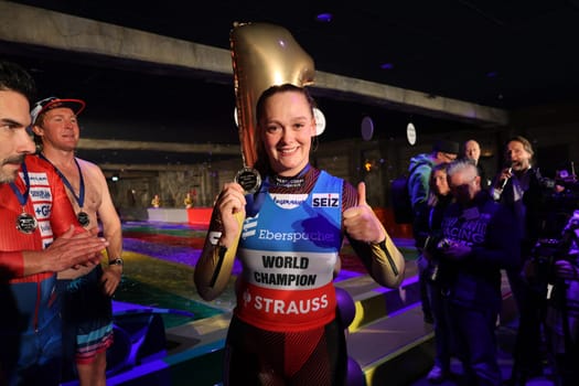 Luger Anna Berreiter (Berchtesgaden/ Germany) is happy about another medal in the Europapark Rust at the press conference for the season opening 2023 after the successful opening of the speed slide