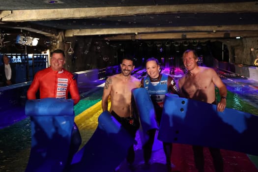 Successful maiden voyage: v.li. Olympic bobsleigh champion Beat Hefti,Marc Terenzi,luge world champion Anna Berreiter and big wave surfer Andrew Cotton after the race on Europ's largest speed slide in Europapark Rust at the press conference for the opening of the 2023 season