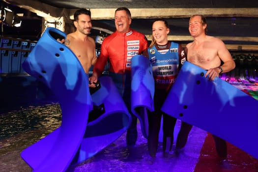 Obviously having fun: Olympic bobsleigh champion Beat Hefti,Marc Terenzi,luge world champion Anna Berreiter and big wave surfer Andrew Cotton after the race on Europ's largest speed slide,in Europapark Rust at the press conference for the season opening 2023
