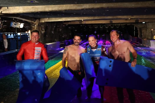Olympic bobsleigh champion Beat Hefti,Marc Terenzi,luge world champion Anna Berreiter and big wave surfer Andrew Cotton after the race on Europ's largest speed slide in Europapark Rust at the press conference for the opening of the 2023 season