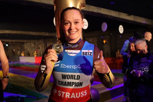 Back on the podium: Luger Anna Berreiter (Berchtesgaden/ Germany) after the opening race of the Vikingglop speed slide in Europapark Rust at the press conference for the 2023 season opening