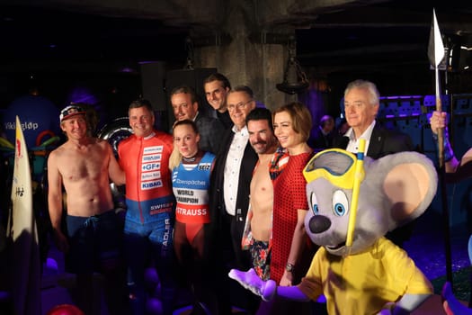 The operating family Mack from Europapark Rust at the opening of the new speed slide Vikingglop with the stars,luger Anna Berreiter (Berchtesgaden),Olympic bobsleigh champion Beat Hefti (Switzerland),Marc Terenzi (pop singer) and Andrew Cotton (big wave surfer) in Europapark Rust at the press conference for the season opening 2023