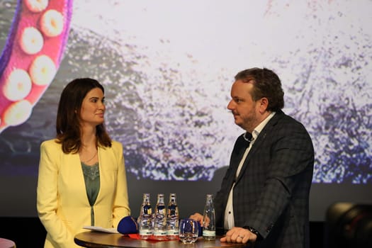 Miriam Mack (wife Michael Mack,Junior Manager Europapark Rust) and Michael Mack (Junior Manager Europapark Rust) at Europapark Rust at the press conference for the season opening 2023
