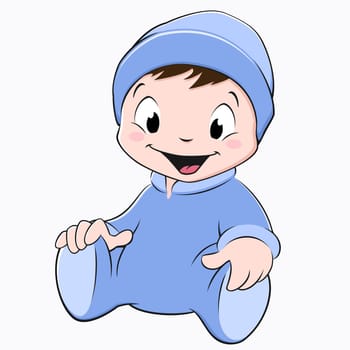 Vector illustration of a sitting baby wearing blue onesie