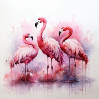 Image of three pink flamingos on a white background. High quality photo