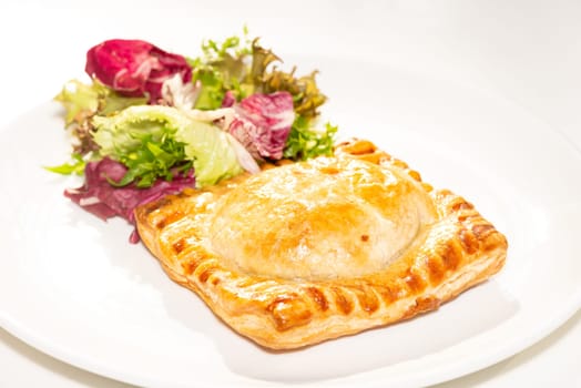 Square meat pie with salad on white plate