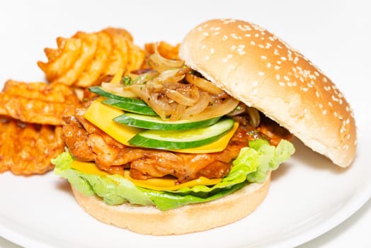 Oven baked chicken burger with criss cross fries on white plate