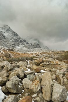 Rocky Mountain Boulder Rocks against foggy cloudy mountain background. Lachung Sikkim West Bengal India South Asia Pacific