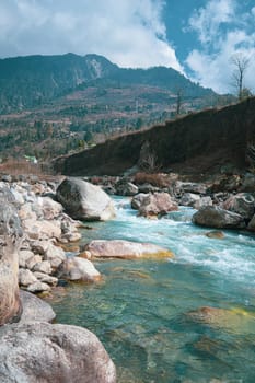 Rock creek mountain river flowing in a Rocky himalayan Mountain Valley. Teasta River tributary. Vertical Image. Sikkim West Bengal India South Asia Pacific.