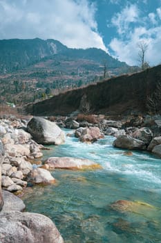 Rock creek mountain river flowing in a Rocky himalayan Mountain Valley. Teasta River tributary. Vertical Image. Sikkim West Bengal India South Asia Pacific.