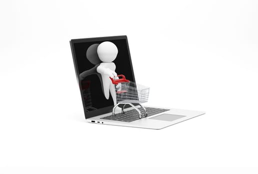 Small character with a shopping trolley on a laptop computer, white background, 3d rendering