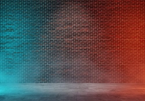 Dark brick wall corridor with fog and blue and orange lighting using as background, spot light in the middle, 3d rendering