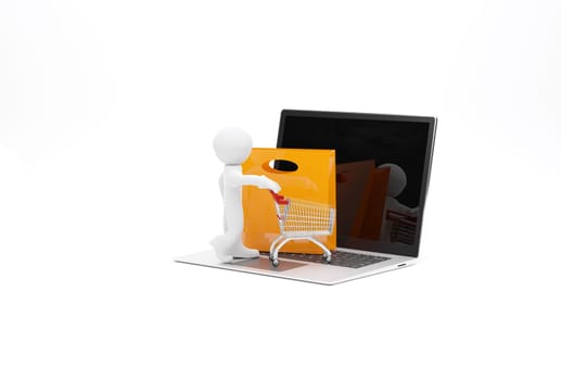 Small character with a shopping trolley on a laptop computer, white background, 3d rendering
