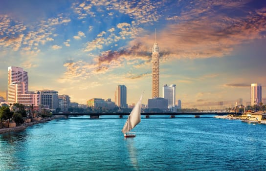 View on Cairo downtown on Gezira island in the Nile with the Tower and hotels, Egypt.