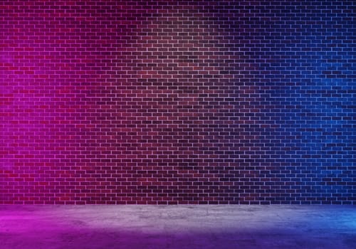 Dark brick wall corridor with blue and pink lighting using as background, spot light in the middle, 3d rendering
