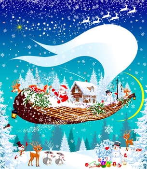 Santa Claus, a reindeer, and a snowman fly through the sky on a flying ship, against a snowy winter forest. Christmas night. Forest animals rejoice at gifts from Santa Claus.