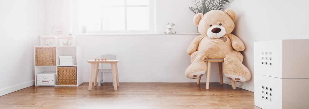 White childroom in pastel colors in scandinavian minimalist style. Empty playroom.