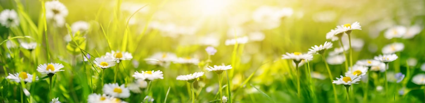 Panoramic view of the blooming daisies on the spring field. Beautiful background.