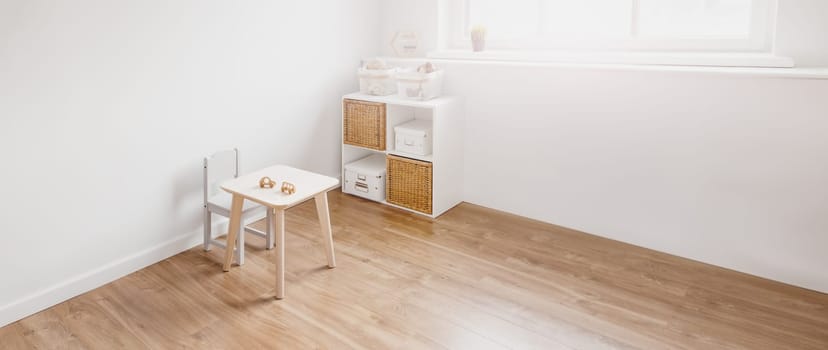 White childroom in pastel colors in scandinavian minimalist style. Empty playroom.