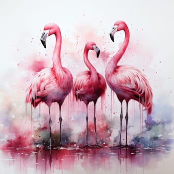 Image of three pink flamingos on a white background. High quality photo