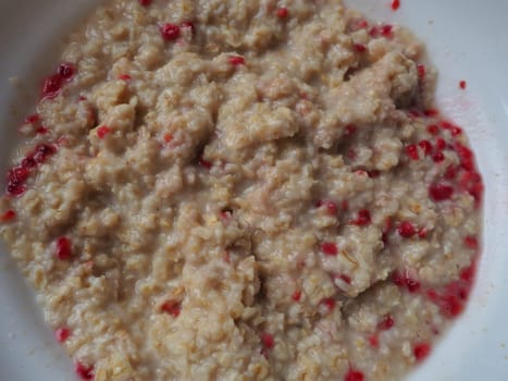 Organic Granola Cereal with oats, powdered sugar and dry raspberries. Healthy muesli spiced with water. Low-calorie diet. Anti-diabetes.