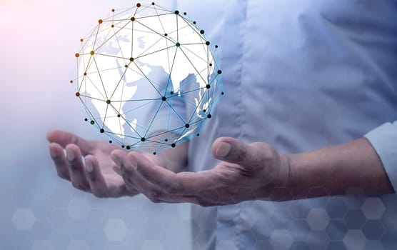 Global internet connection application and technology digital marketing, Financial and banking, Businessman holding globe on blurred background