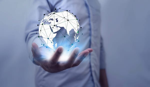 Global internet connection application and technology digital marketing, Financial and banking, Businessman holding globe on blurred background