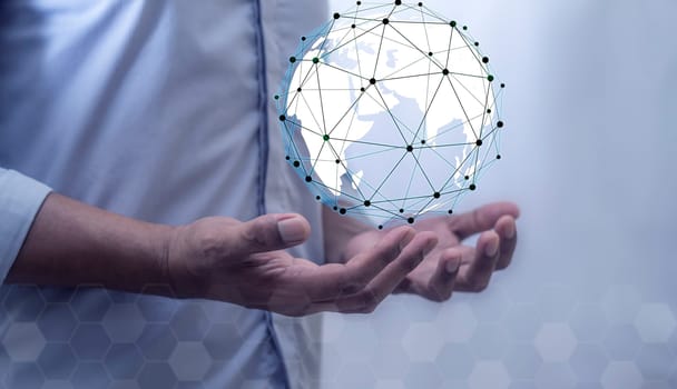 Global internet connection application and technology digital marketing, Financial and banking, Businessman holding globe on blurred background