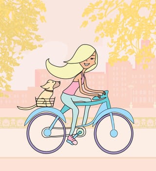 happy girl riding a bike with her dog