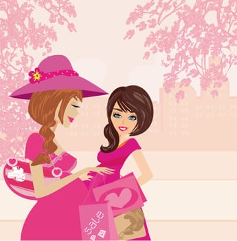 pregnant friends shopping together in the city