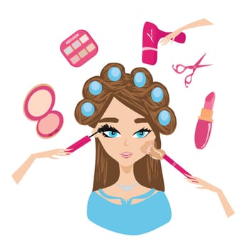 beautiful girl at the stylist, hairdresser and makeup artist set