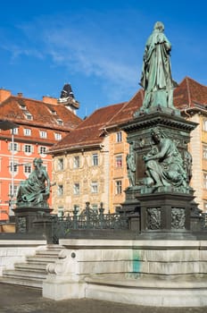 the Archduke Johann fountain and city hall of Graz on the main square in downtown