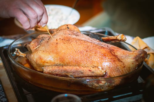 Man's hand checking the readiness of baked goose or turkey on baking sheet with wooden skewer