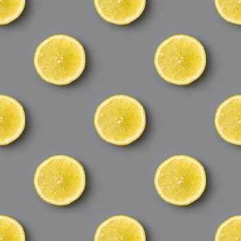 Yellow lemons on gray background seamless endless pattern. Colors of the Year 2021 Illuminating and Ultimate gray. Flat lay
