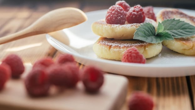 Delicious cheesecakes or pancakes sprinkled with powdered sugar on white plate on wooden table with raspberries and mint leaf